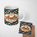 Personalized Custom Name Cupcake Dessert Seamless Pattern Dark Background Cute Unique Gift 11oz Ceramic Coffee Tea Mug White Large Handle