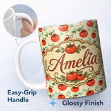 Personalized Custom Name Playful Cherry Tomatoes with Mint Splash Background Seamless Pattern 11oz Ceramic Coffee Tea Mug White Large Handle