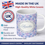 Personalized Custom Name Dreamy Lavender Blue Hydrangea Floral Seamless Pattern Lovely 11oz Ceramic Coffee Tea Mug White Large Handle