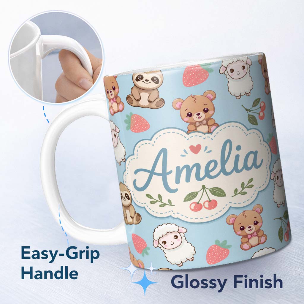 Personalized Custom Name Cute Cute Baby Animals Bear Sheep Sloth Strawberry Cherry Blue 11oz Ceramic Coffee Tea Mug White Large Handle
