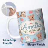 Personalized Custom Name Cute Cute Baby Animals Bear Sheep Sloth Strawberry Cherry Blue 11oz Ceramic Coffee Tea Mug White Large Handle