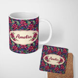 Personalized Custom Name Vibrant Pink Green Tropical Leaves Seamless Pattern Cute Unique Gift 11oz Ceramic Coffee Tea Mug White Large Handle