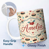 Personalized Custom Name Polka Dot Cake and Slice Dessert Seamless Pattern Cute Unique Gift 11oz Ceramic Coffee Tea Mug White Large Handle