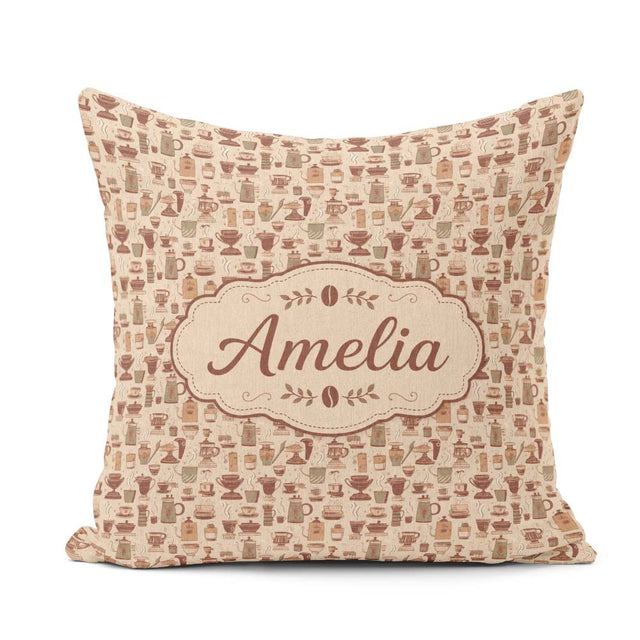 Custom Name Cozy Cafe Cups Tools Seamless Pattern Name Cute Square Filled Cushion Throw Pillow Sofa Bed Home Decor Zip Washable UK Made