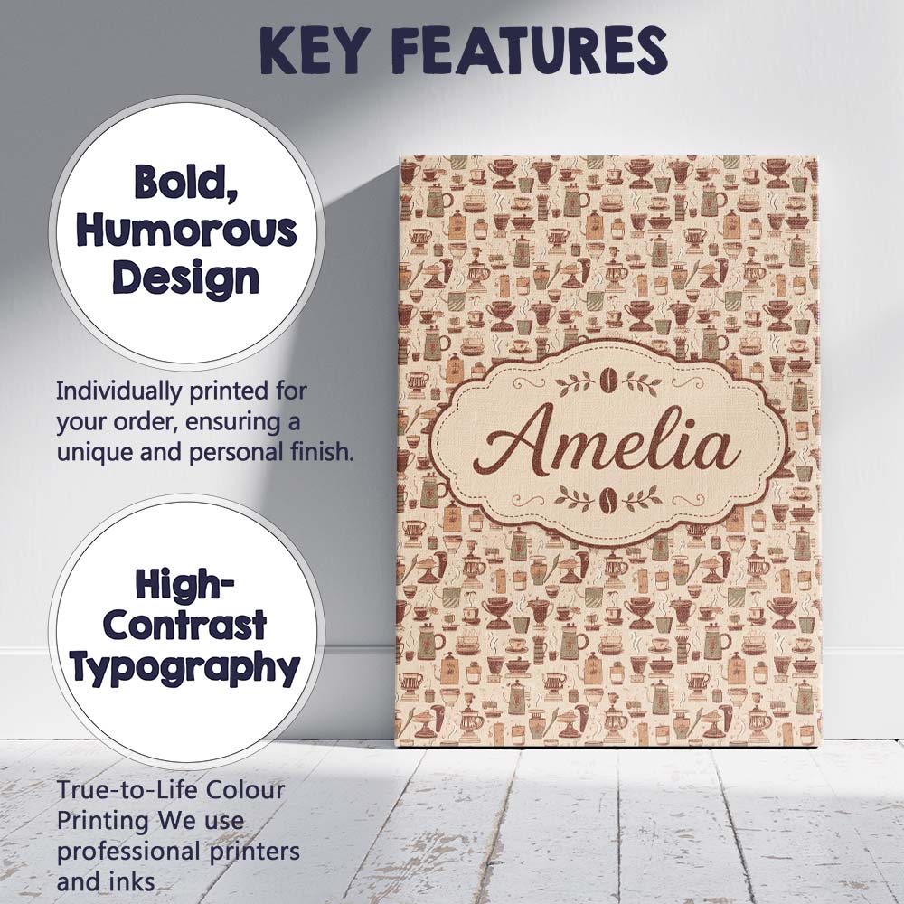 Personalised Name Cozy Cafe Coffee Cups Custom  Modern Room Accent Elegant Feature Canvas Wall Art Print Decor Picture Ready to Hang