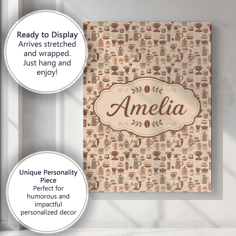 Personalised Name Cozy Cafe Coffee Cups Custom  Modern Room Accent Elegant Feature Canvas Wall Art Print Decor Picture Ready to Hang