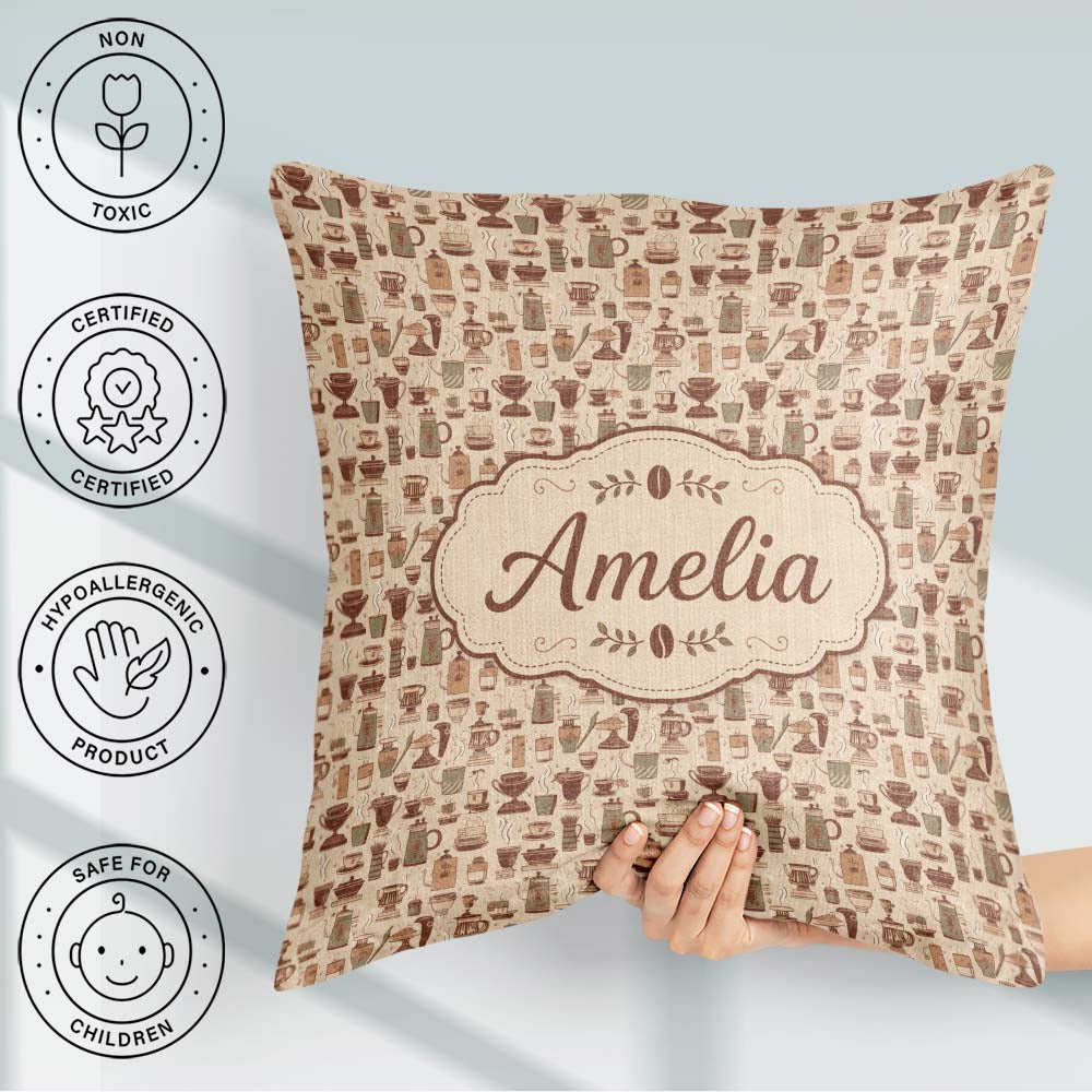 Custom Name Cozy Cafe Cups Tools Seamless Pattern Name Cute Square Filled Cushion Throw Pillow Sofa Bed Home Decor Zip Washable UK Made