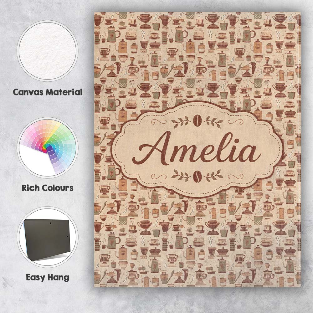 Personalised Name Cozy Cafe Coffee Cups Custom  Modern Room Accent Elegant Feature Canvas Wall Art Print Decor Picture Ready to Hang
