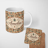 Personalized Custom Name Vintage Kitchen Coffee Tools Appliances Seamless Pattern Name Cute 11oz Ceramic Coffee Tea Mug White Large Handle