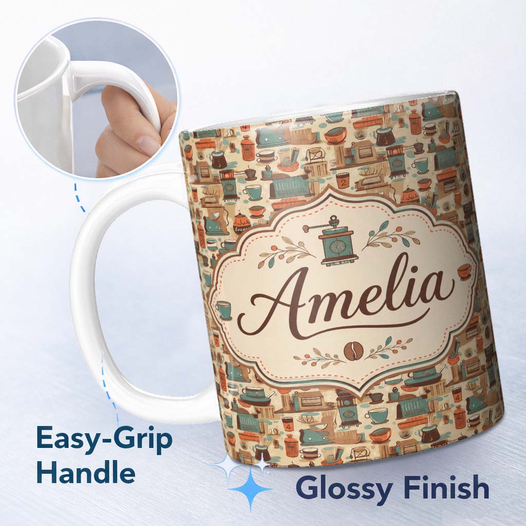 Personalized Custom Name Vintage Kitchen Coffee Tools Appliances Seamless Pattern Name Cute 11oz Ceramic Coffee Tea Mug White Large Handle