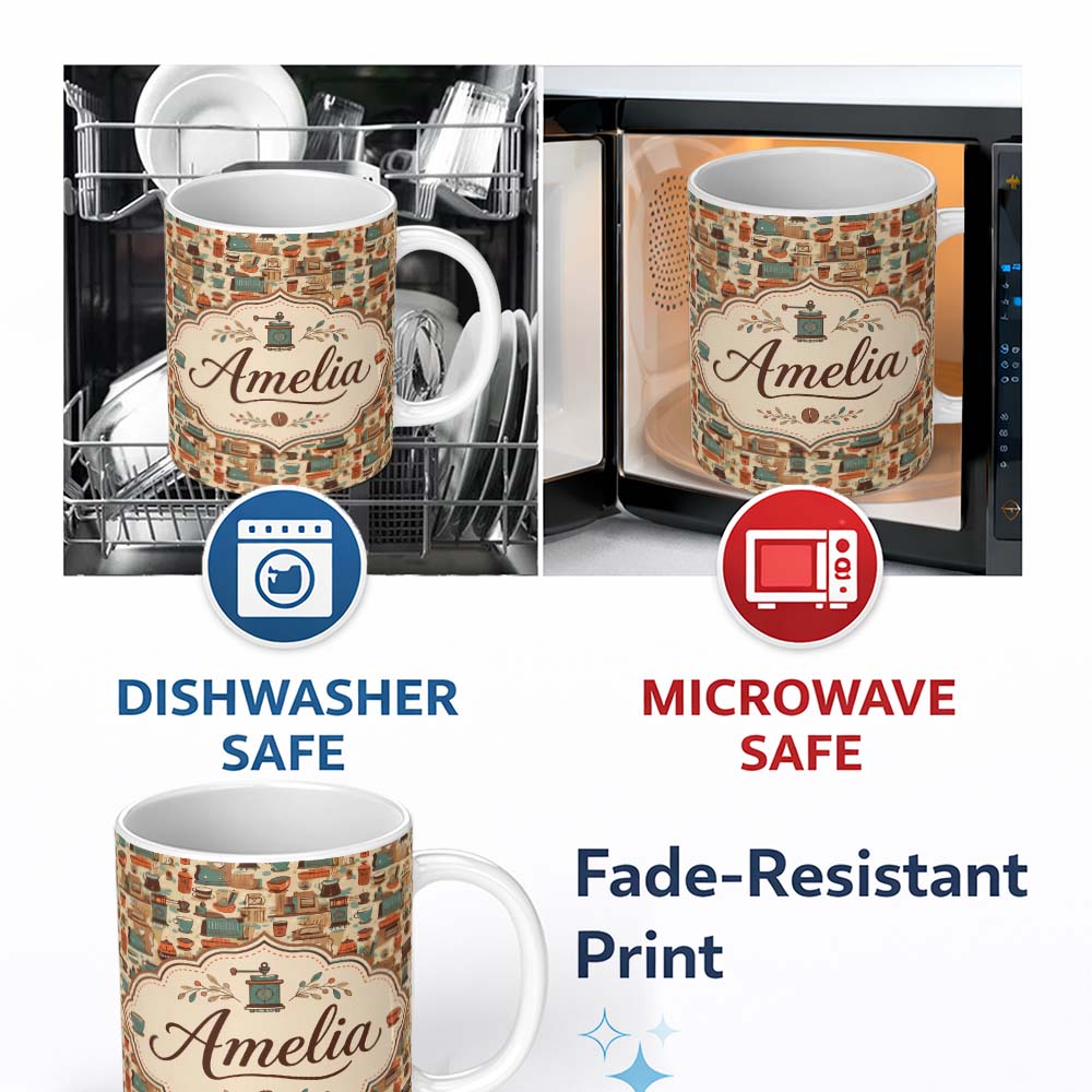 Personalized Custom Name Vintage Kitchen Coffee Tools Appliances Seamless Pattern Name Cute 11oz Ceramic Coffee Tea Mug White Large Handle