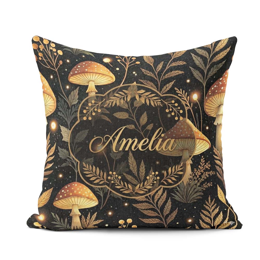Custom Name Golden Mushrooml Floral Stars Night Seamless Pattern Square Filled Cushion Throw Pillow Sofa Bed Home Decor Zip Washable UK Made