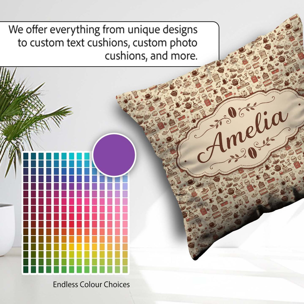 Custom Name Desserts Cups and Utensils Seamless Pattern Name Square Filled Cushion Throw Pillow Sofa Bed Home Decor Zip Washable UK Made