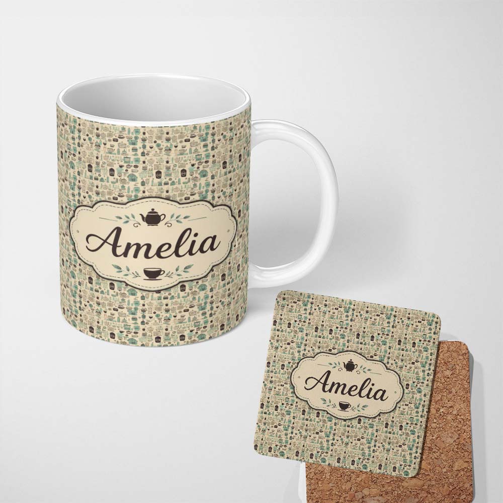 Personalized Custom Name Minimal Coffee Kitchen Teal Beige Seamless Pattern Name Cute Unique 11oz Ceramic Coffee Tea Mug White Large Handle