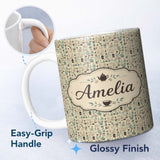 Personalized Custom Name Minimal Coffee Kitchen Teal Beige Seamless Pattern Name Cute Unique 11oz Ceramic Coffee Tea Mug White Large Handle