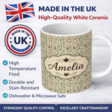 Personalized Custom Name Minimal Coffee Kitchen Teal Beige Seamless Pattern Name Cute Unique 11oz Ceramic Coffee Tea Mug White Large Handle