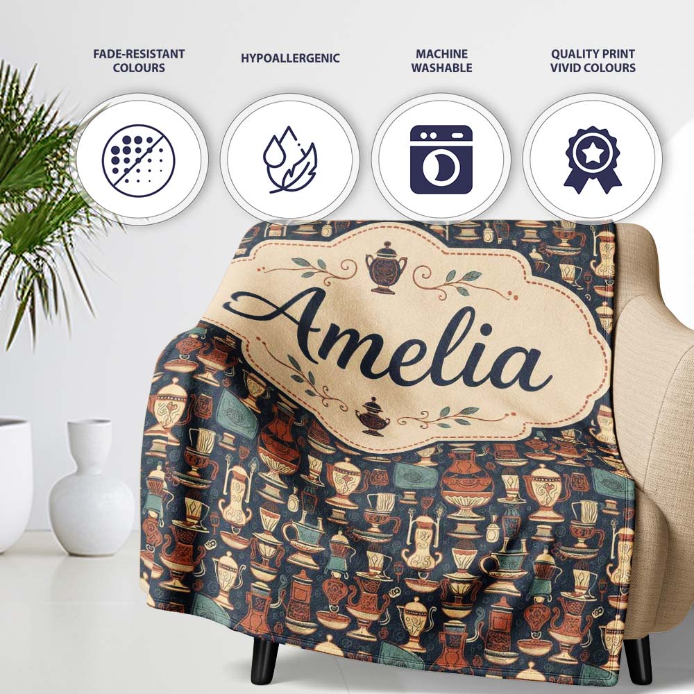 Vintage Ornate Coffee Pots Cups and ware Seamless Pattern  Personalised Custom Name Super Soft Fleece Blanket Bed Sofa Throw