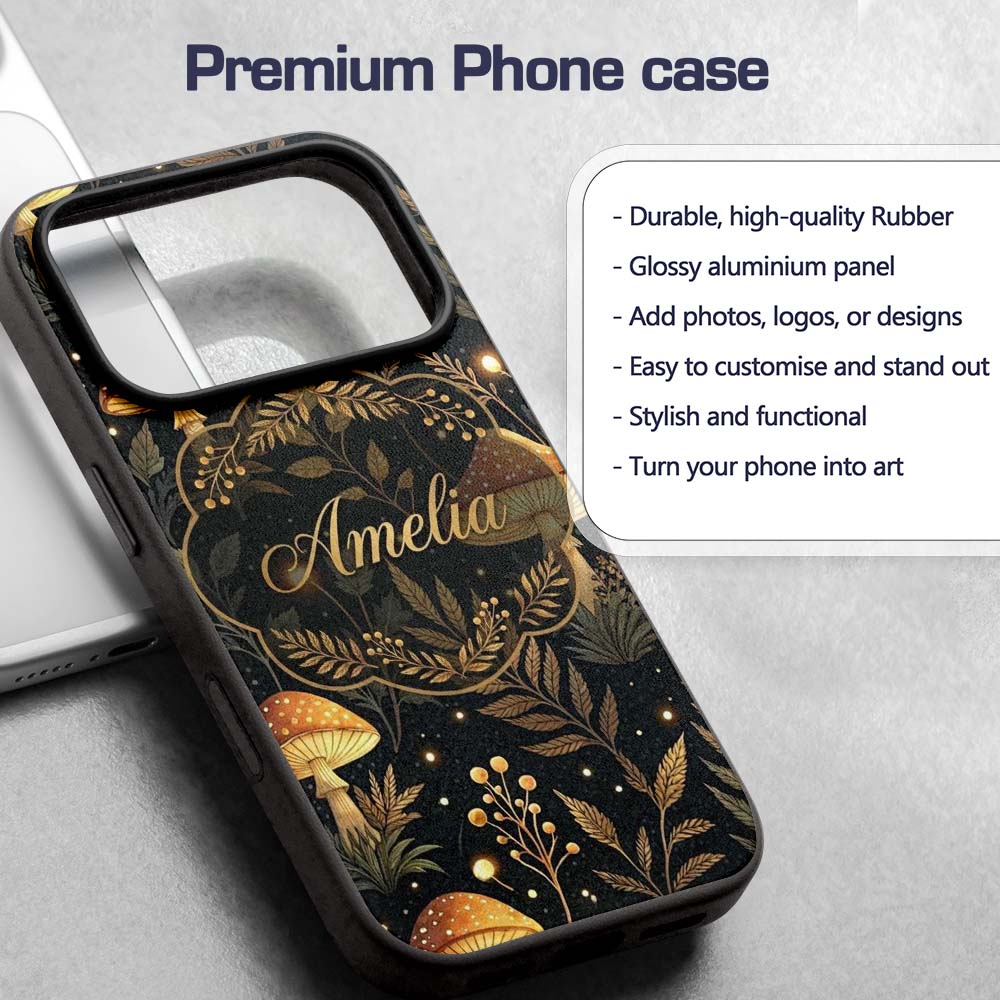 Golden Mushrooml Floral Spiral Printed Design Custom Name Protective Phone Case Mobile Cover Durable Everyday Smartphone Shock Resistant