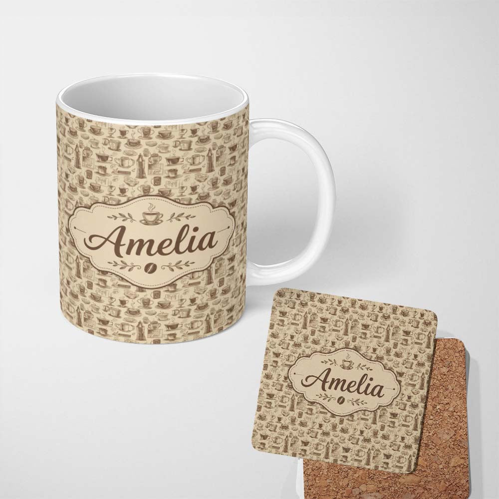 Personalized Custom Name Coffee Cups Desserts and Cafe Elements Seamless Pattern Name Cute 11oz Ceramic Coffee Tea Mug White Large Handle