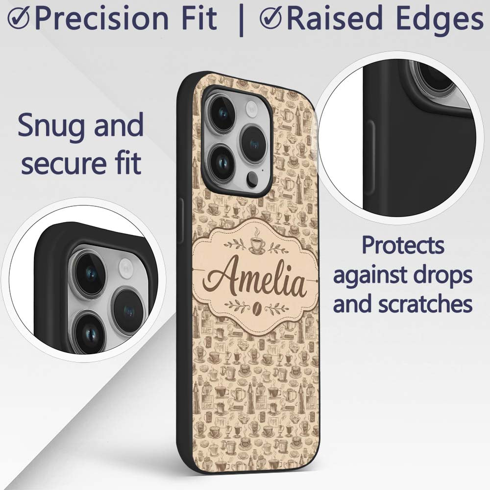 Coffee Cups Desserts and Cafe Elements Seamless Custom Name Protective Phone Case Mobile Cover Durable Everyday Smartphone Shock Resistant