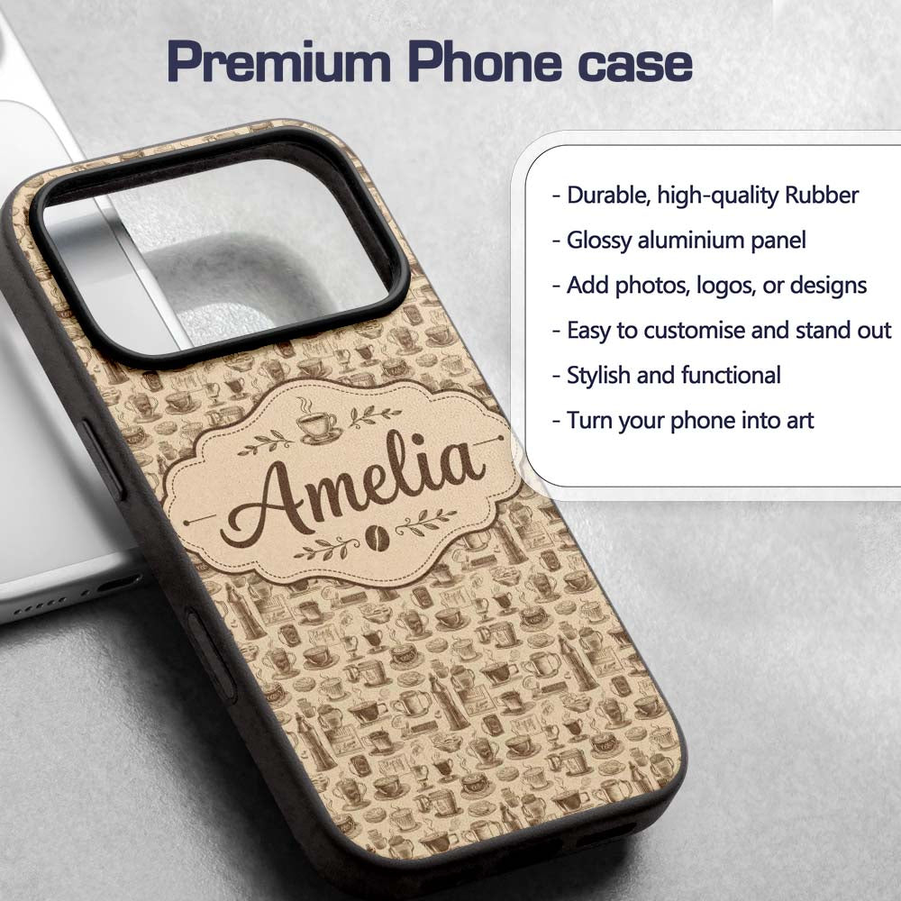 Coffee Cups Desserts and Cafe Elements Seamless Custom Name Protective Phone Case Mobile Cover Durable Everyday Smartphone Shock Resistant