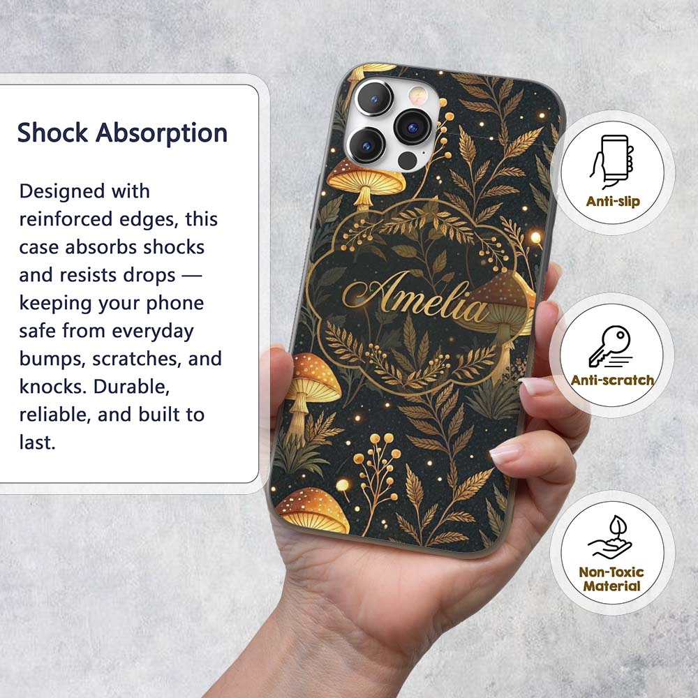 Golden Mushrooml Floral Spiral Printed Design Custom Name Protective Phone Case Mobile Cover Durable Everyday Smartphone Shock Resistant