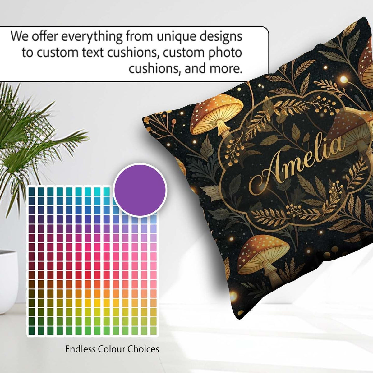 Custom Name Golden Mushrooml Floral Stars Night Seamless Pattern Square Filled Cushion Throw Pillow Sofa Bed Home Decor Zip Washable UK Made