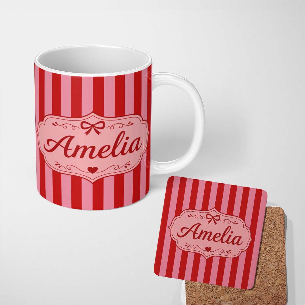 Personalized Custom Name Wavy Red and Pink Vertical Stripes Seamless Pattern Name Cute 11oz Ceramic Coffee Tea Mug White Large Handle