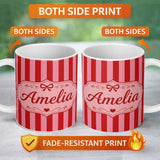 Personalized Custom Name Wavy Red and Pink Vertical Stripes Seamless Pattern Name Cute 11oz Ceramic Coffee Tea Mug White Large Handle