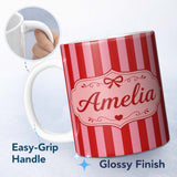 Personalized Custom Name Wavy Red and Pink Vertical Stripes Seamless Pattern Name Cute 11oz Ceramic Coffee Tea Mug White Large Handle