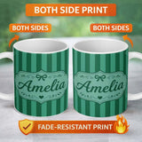 Personalized Custom Name Wavy Green and Teal Vertical Stripes Seamless Pattern Name Cute 11oz Ceramic Coffee Tea Mug White Large Handle