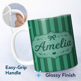 Personalized Custom Name Wavy Green and Teal Vertical Stripes Seamless Pattern Name Cute 11oz Ceramic Coffee Tea Mug White Large Handle