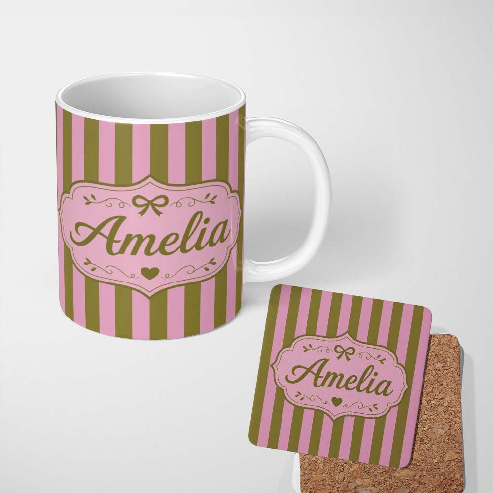 Personalized Custom Name Wavy Olive Green and Pink Vertical Stripes Seamless Pattern Name 11oz Ceramic Coffee Tea Mug White Large Handle