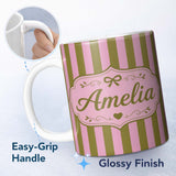 Personalized Custom Name Wavy Olive Green and Pink Vertical Stripes Seamless Pattern Name 11oz Ceramic Coffee Tea Mug White Large Handle