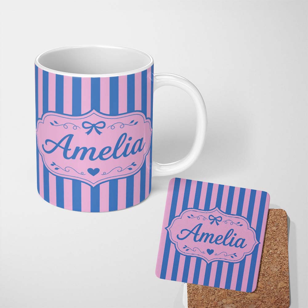 Personalized Custom Name Wavy Blue and Pink Vertical Stripes Seamless Pattern Name Cute 11oz Ceramic Coffee Tea Mug White Large Handle