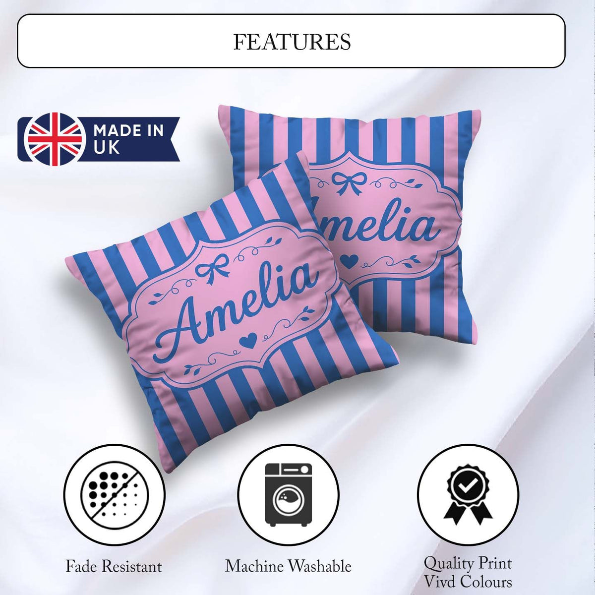 Custom Name Wavy Blue and Pink Vertical Stripes Seamless Pattern Square Filled Cushion Throw Pillow Sofa Bed Home Decor Zip Washable UK Made