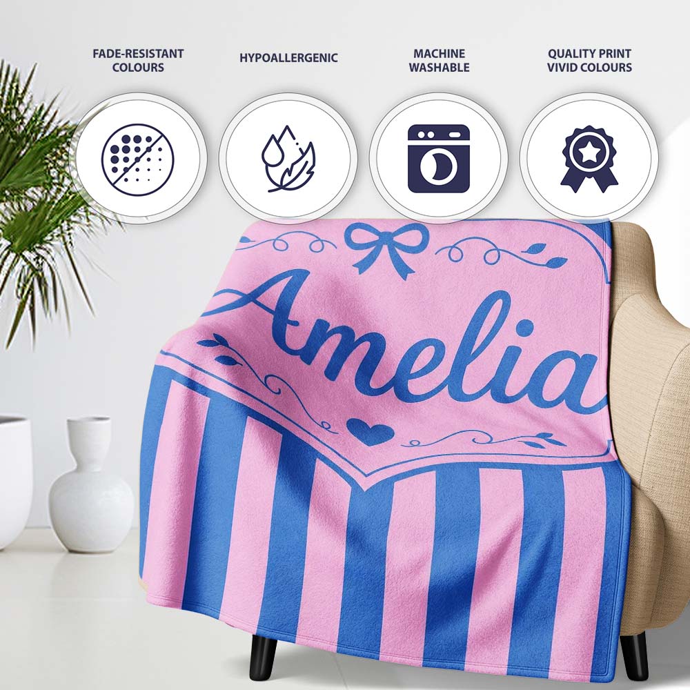 Wavy Blue and Pink Vertical Stripes Seamless Pattern Name Cute  Personalised Custom Name Super Soft Fleece Blanket Bed Sofa Throw