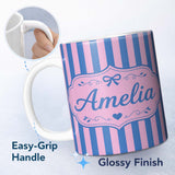 Personalized Custom Name Wavy Blue and Pink Vertical Stripes Seamless Pattern Name Cute 11oz Ceramic Coffee Tea Mug White Large Handle