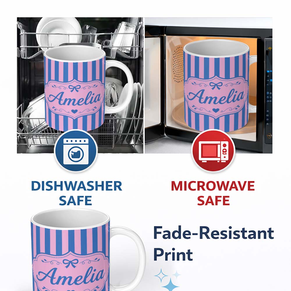 Personalized Custom Name Wavy Blue and Pink Vertical Stripes Seamless Pattern Name Cute 11oz Ceramic Coffee Tea Mug White Large Handle