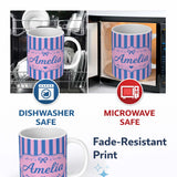 Personalized Custom Name Wavy Blue and Pink Vertical Stripes Seamless Pattern Name Cute 11oz Ceramic Coffee Tea Mug White Large Handle