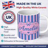 Personalized Custom Name Wavy Blue and Pink Vertical Stripes Seamless Pattern Name Cute 11oz Ceramic Coffee Tea Mug White Large Handle