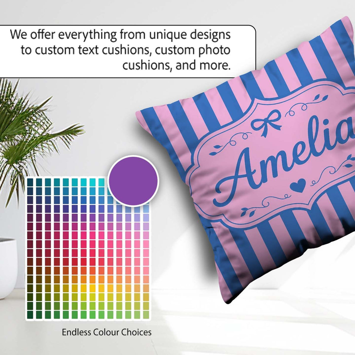 Custom Name Wavy Blue and Pink Vertical Stripes Seamless Pattern Square Filled Cushion Throw Pillow Sofa Bed Home Decor Zip Washable UK Made