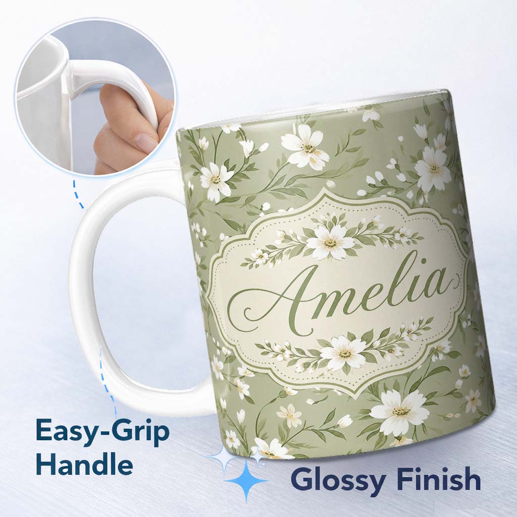 Personalized Custom Name Soft White Floral Branches on Light Green Background Seamless Lovely 11oz Ceramic Coffee Tea Mug White Large Handle