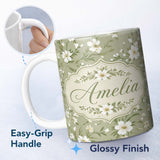 Personalized Custom Name Soft White Floral Branches on Light Green Background Seamless Lovely 11oz Ceramic Coffee Tea Mug White Large Handle