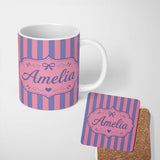 Personalized Custom Name Wavy Purple and Pink Vertical Stripes Seamless Pattern Name Cute 11oz Ceramic Coffee Tea Mug White Large Handle