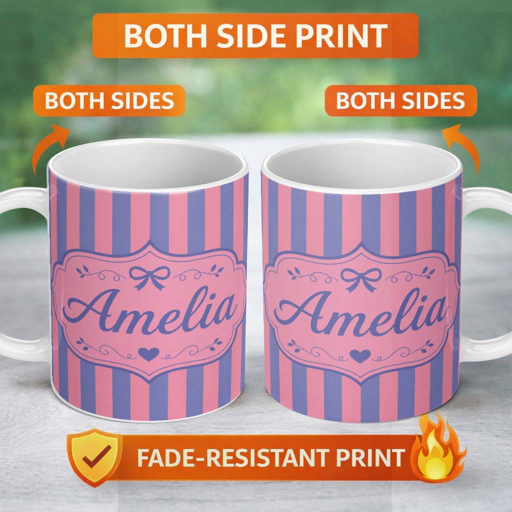 Personalized Custom Name Wavy Purple and Pink Vertical Stripes Seamless Pattern Name Cute 11oz Ceramic Coffee Tea Mug White Large Handle