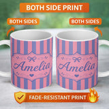 Personalized Custom Name Wavy Purple and Pink Vertical Stripes Seamless Pattern Name Cute 11oz Ceramic Coffee Tea Mug White Large Handle