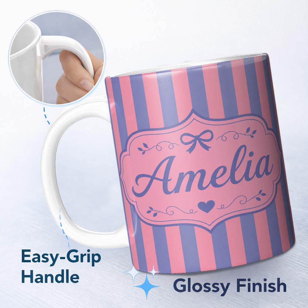 Personalized Custom Name Wavy Purple and Pink Vertical Stripes Seamless Pattern Name Cute 11oz Ceramic Coffee Tea Mug White Large Handle