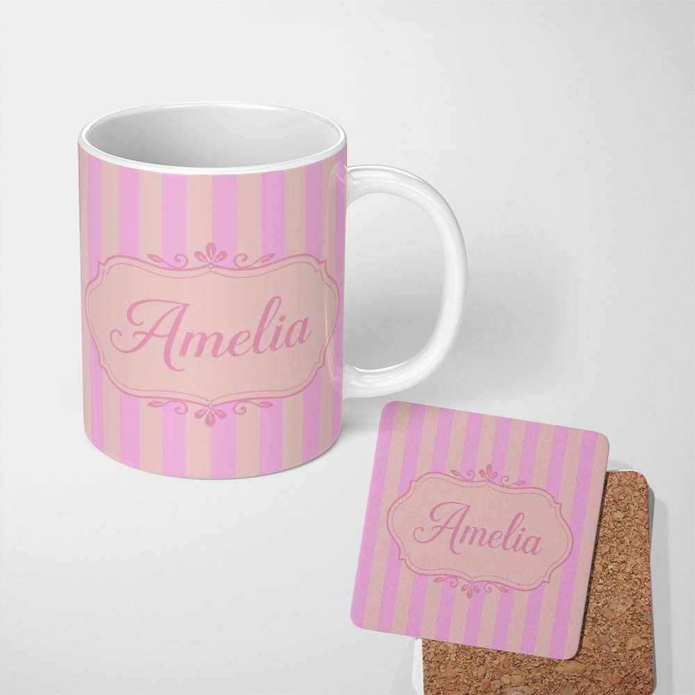 Personalized Custom Name Soft Beige and Pink Wavy Stripes Seamless Pattern Name Cute Unique 11oz Ceramic Coffee Tea Mug White Large Handle