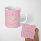 Personalized Custom Name Soft Beige and Pink Wavy Stripes Seamless Pattern Name Cute Unique 11oz Ceramic Coffee Tea Mug White Large Handle